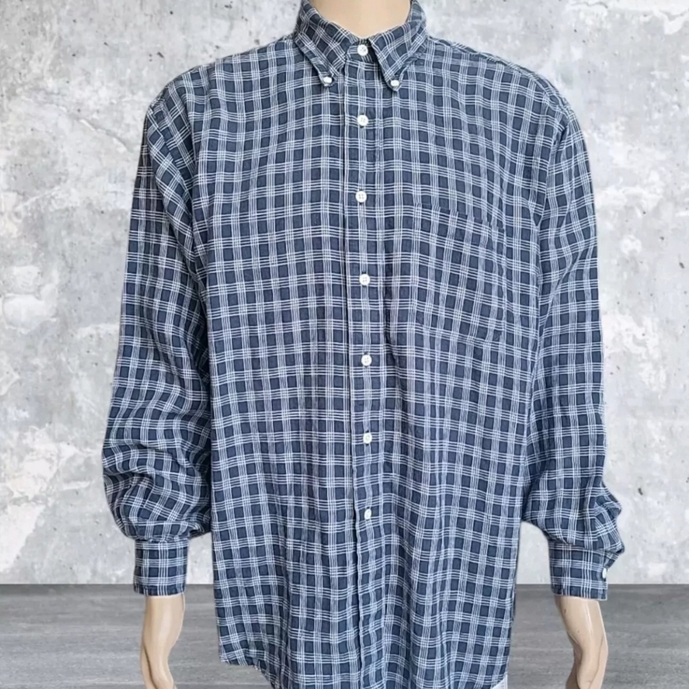Vintage Brooks Sport Shirt Men Large Blue Plaid 100% Linen Button-Down Preppy